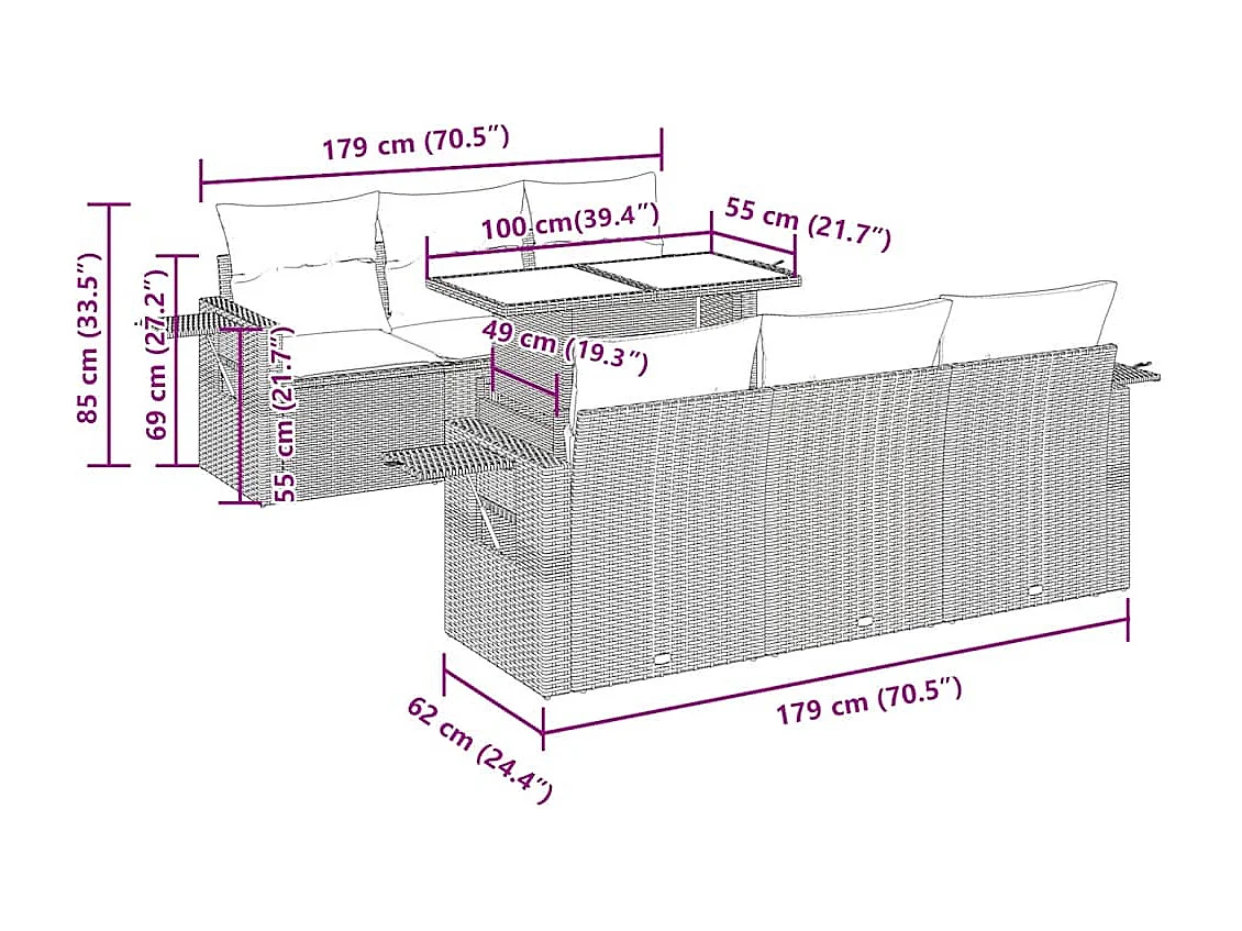 7-delige Loungeset met kussens poly rattan grijs