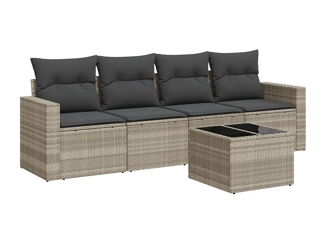 5-delige Loungeset met kussens poly rattan lichtgrijs