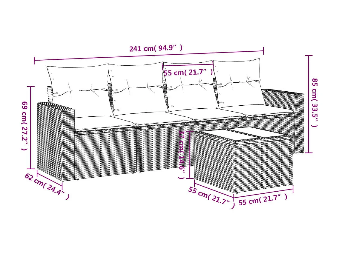 Set Divano da Giardino 5pz con Cuscini Grigio Chiaro Polyrattan
