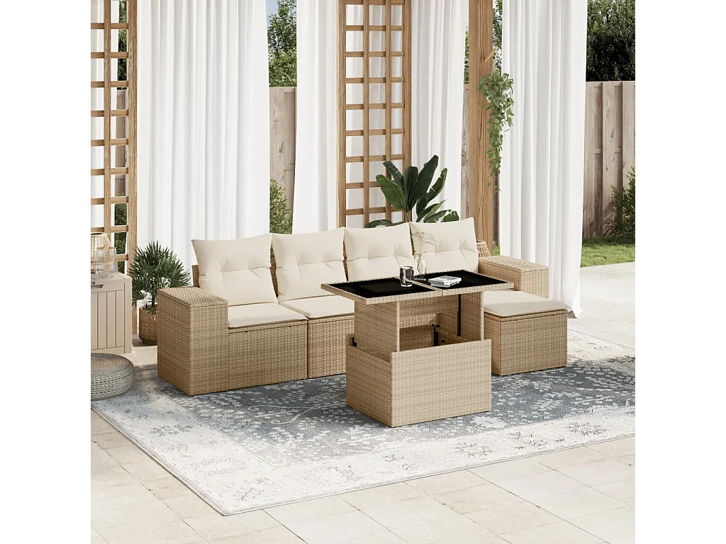6-tlg. Garten-Sofagarnitur mit Kissen Beige Poly Rattan