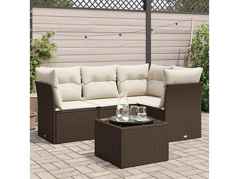 Salon de jardin avec coussins 5 pcs marron résine tressée