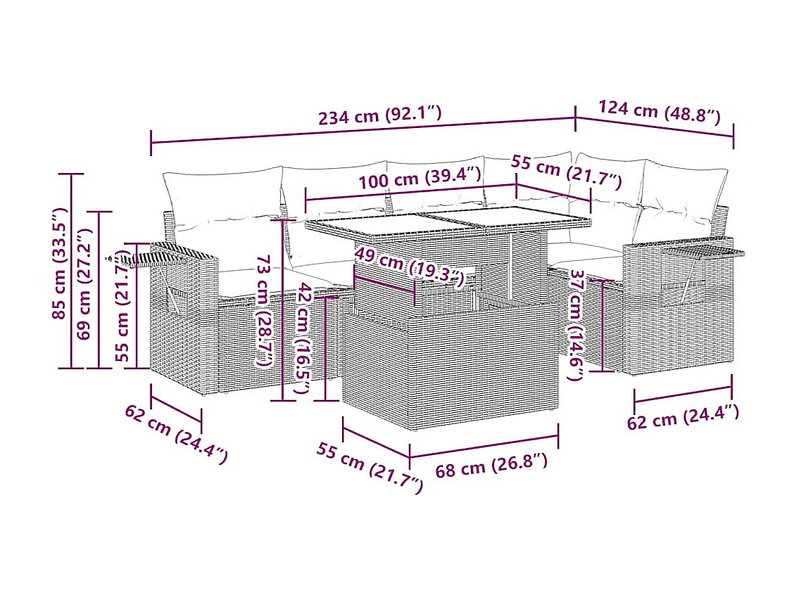 Salon de jardin avec coussins 6 pcs marron résine tressée