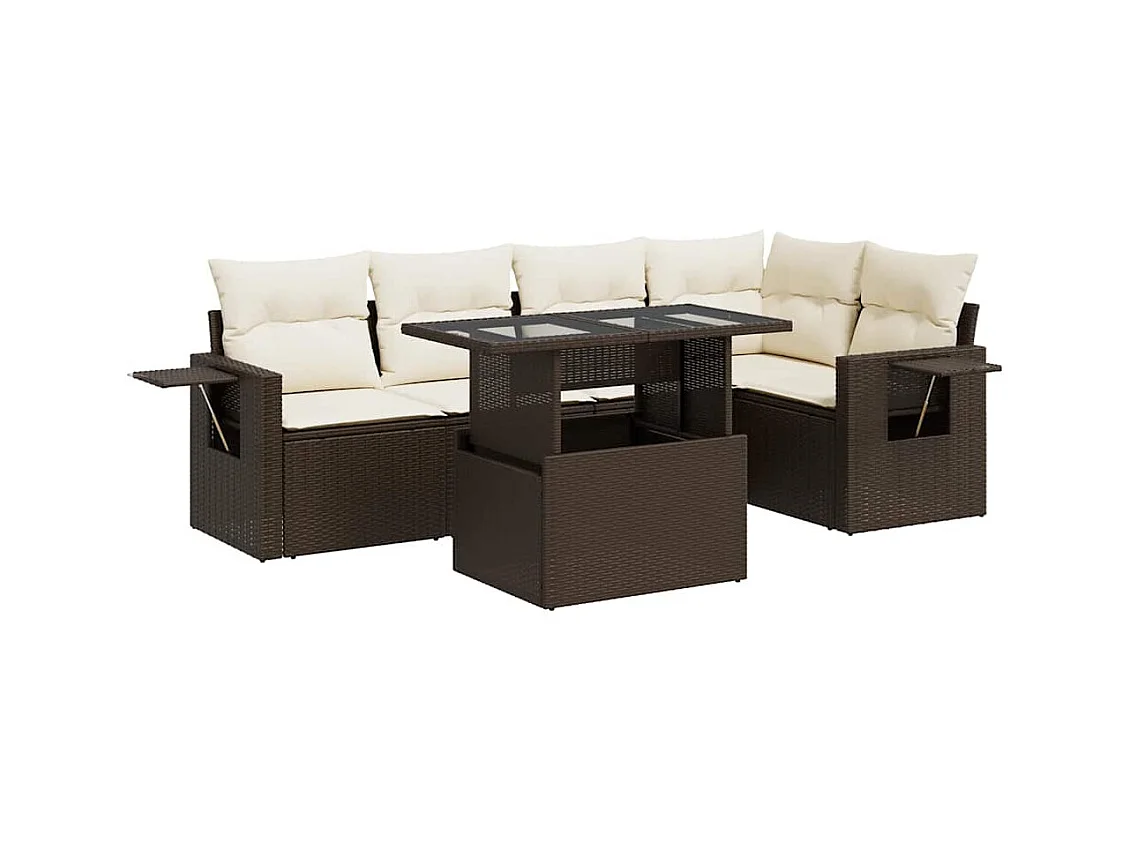 Salon de jardin avec coussins 6 pcs marron résine tressée