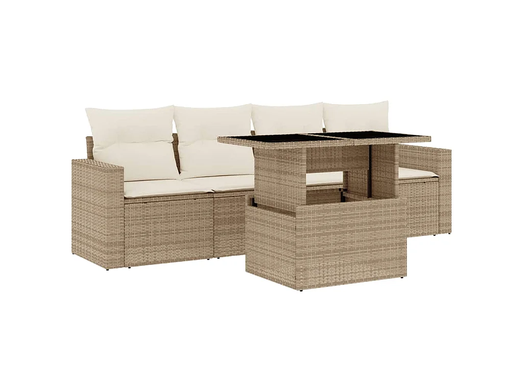 Set Divano da Giardino 5 pz con Cuscini Beige in Polyrattan