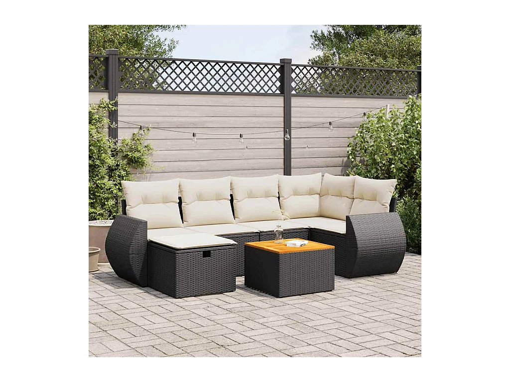 7-tlg. Garten-Sofagarnitur mit Kissen Schwarz Poly Rattan