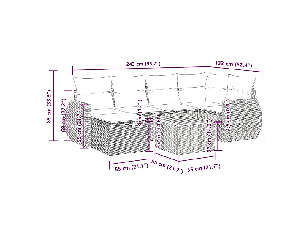 7-tlg. Garten-Sofagarnitur mit Kissen Schwarz Poly Rattan