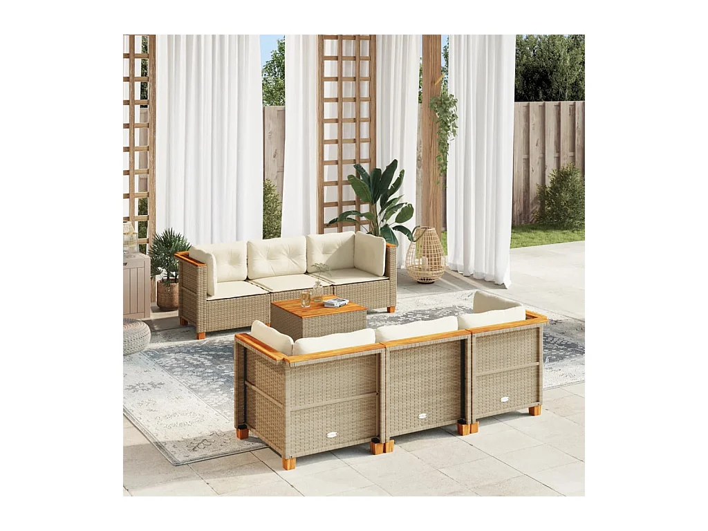Salon de jardin avec coussins 7 pcs beige résine tressée
