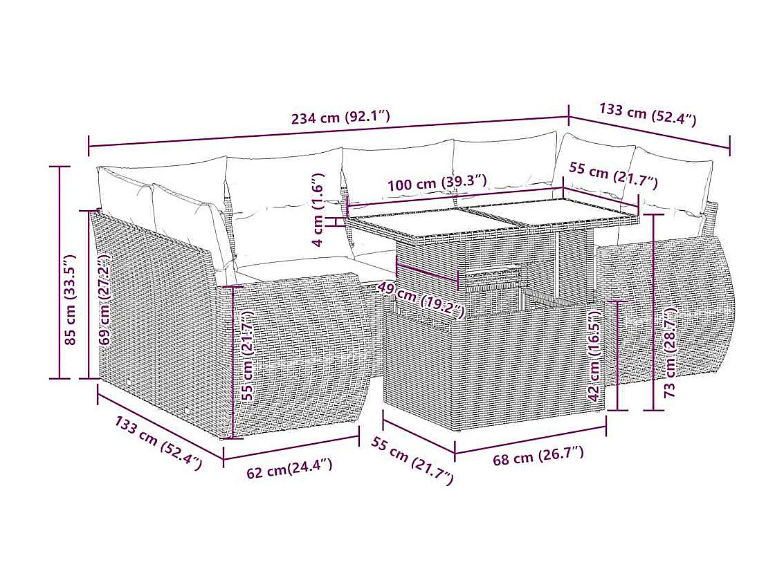 7-delige Loungeset met kussens poly rattan zwart