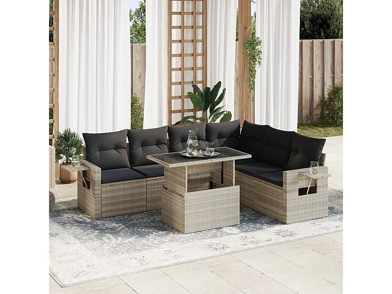 Salon de jardin avec coussins 7 pcs gris clair résine tressée