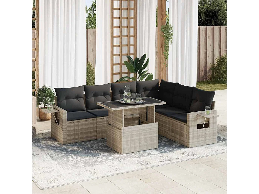Salon de jardin avec coussins 7 pcs gris clair résine tressée