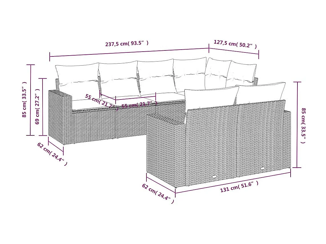 7-tlg. Garten-Sofagarnitur mit Kissen Hellgrau Poly Rattan