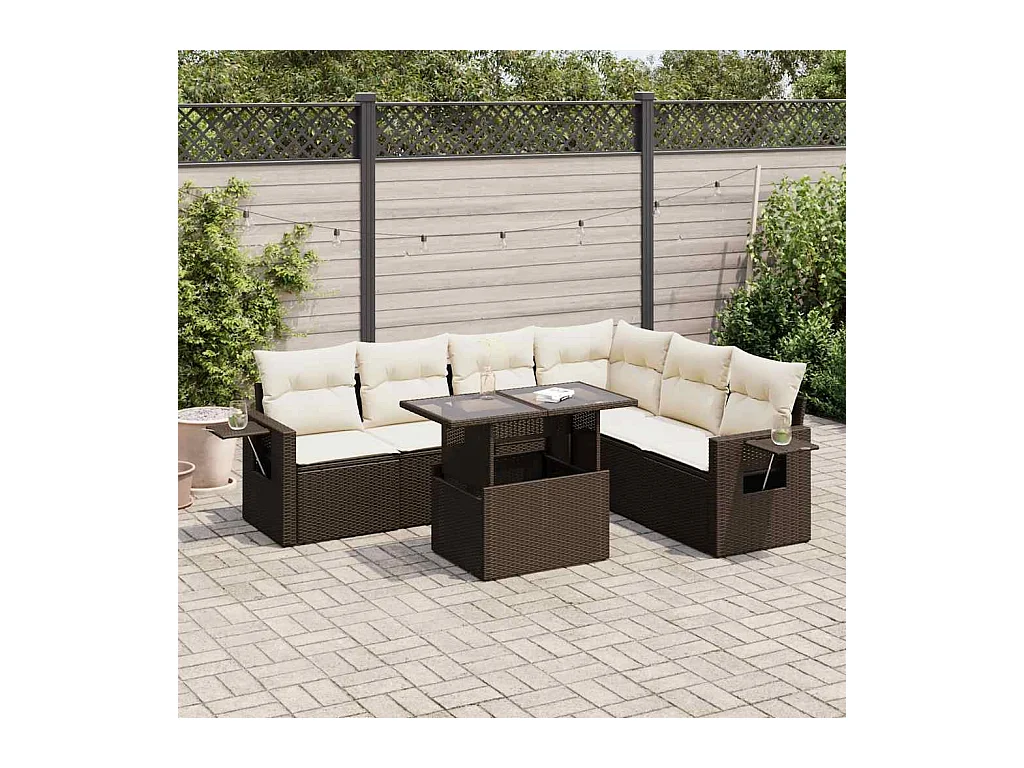 Salon de jardin avec coussins 7 pcs marron résine tressée