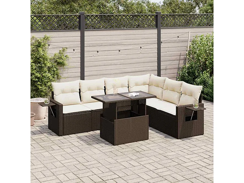 Salon de jardin avec coussins 7 pcs marron résine tressée