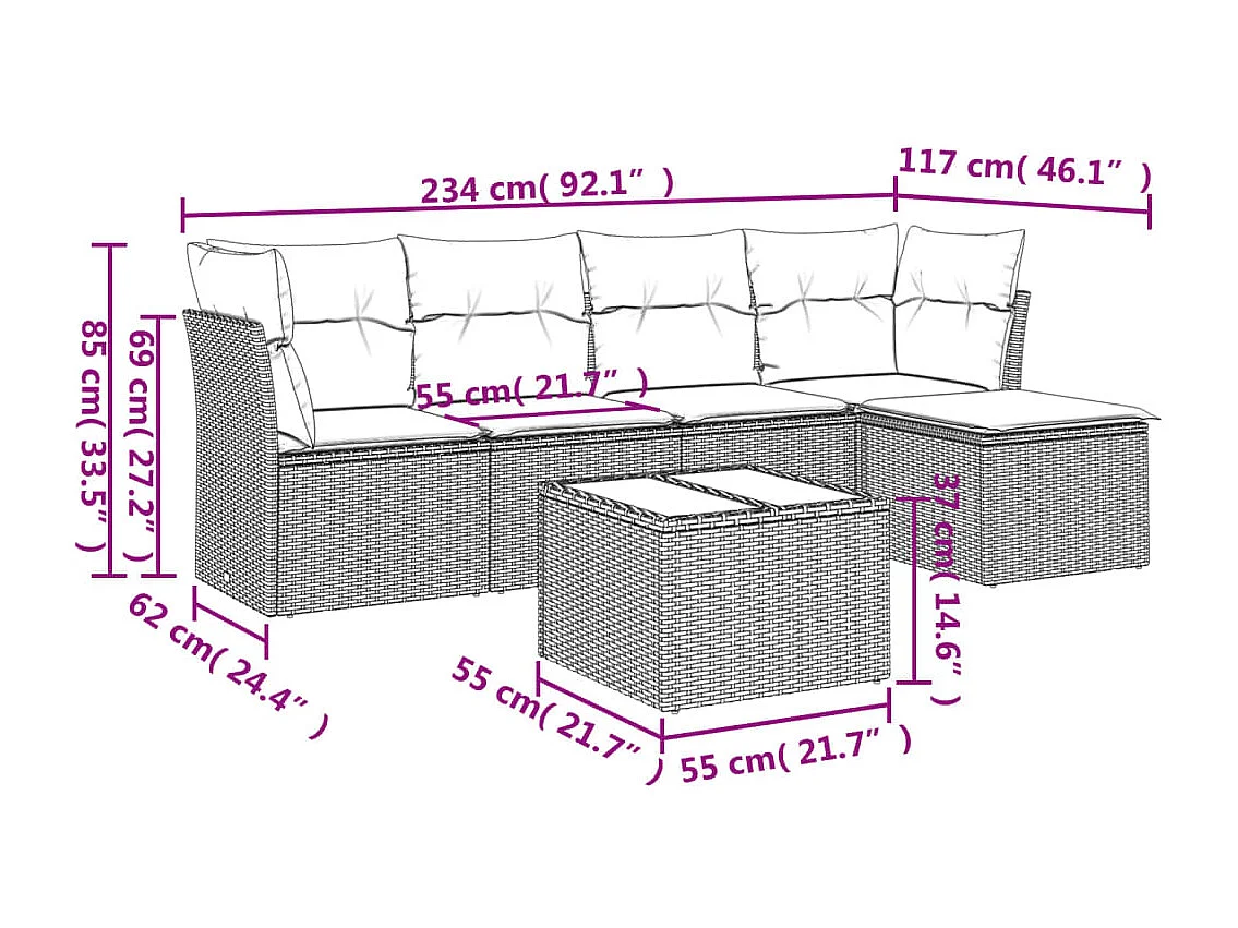 Set Divano da Giardino 6 pz con Cuscini Marrone in Polyrattan