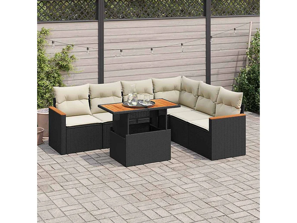 Set Divani da Giardino con Cuscini 7pz Nero Polyrattan Acacia