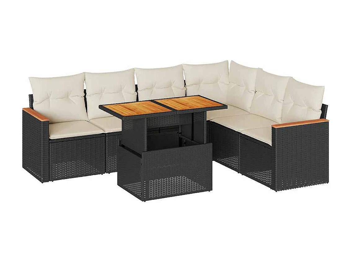 Set Divani da Giardino con Cuscini 7pz Nero Polyrattan Acacia