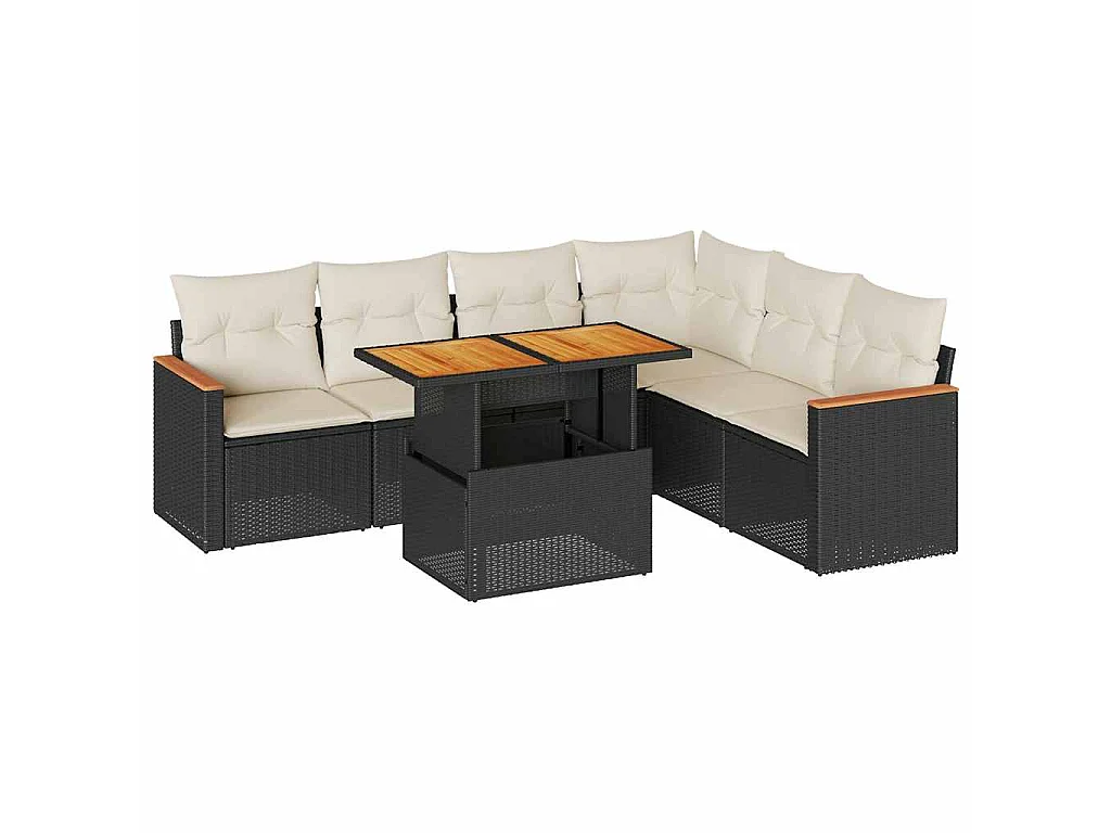 7-delige Loungeset met kussens poly rattan acacia zwart