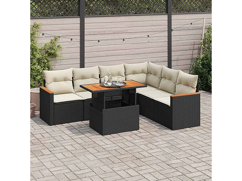 Set Divani da Giardino con Cuscini 7pz Nero Polyrattan Acacia