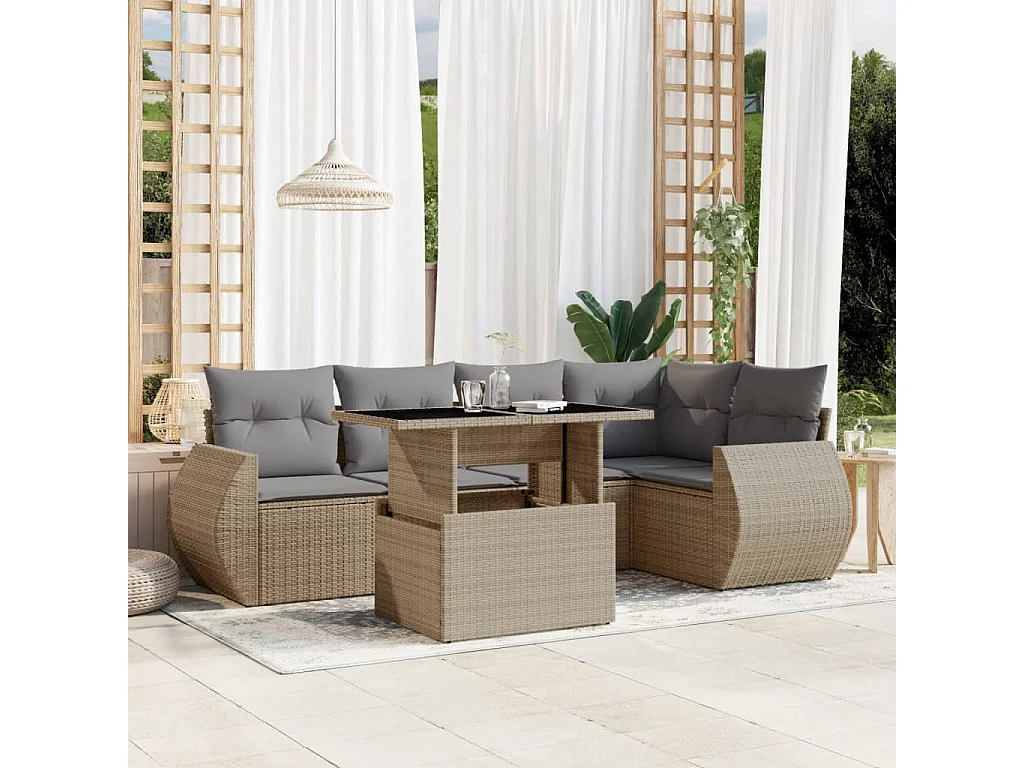 6-tlg. Garten-Sofagarnitur mit Kissen Beige Poly Rattan