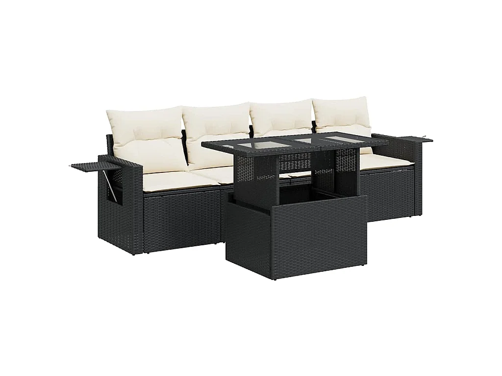 5-tlg. Garten-Sofagarnitur mit Kissen Schwarz Poly Rattan