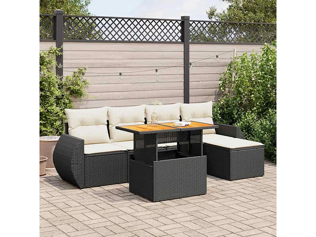 Set Divano da Giardino 6 pz con Cuscini Nero in Polyrattan