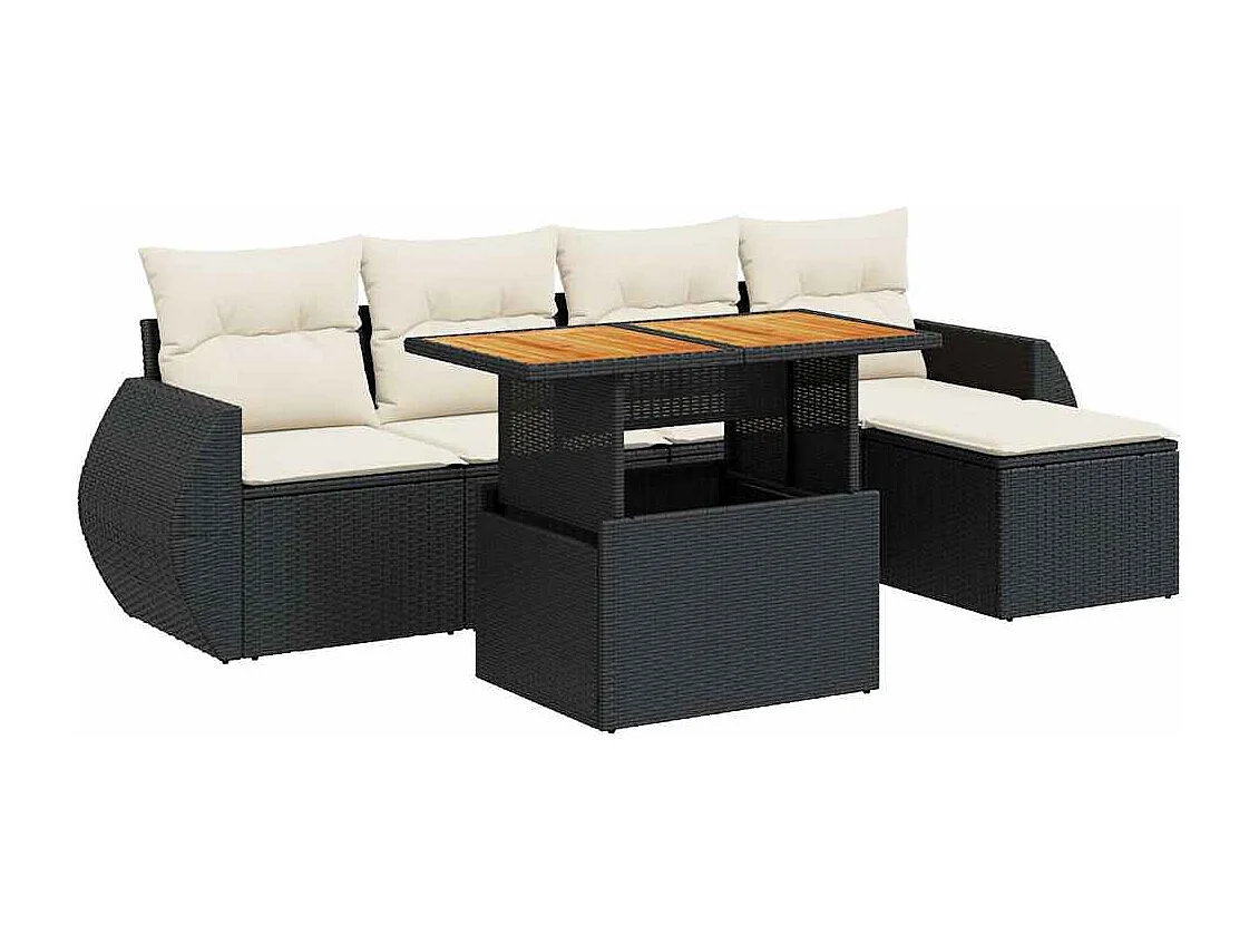Set Divano da Giardino 6 pz con Cuscini Nero in Polyrattan