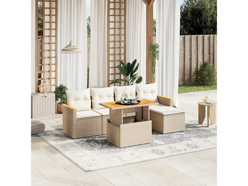 Set Divano da Giardino 6 pz con Cuscini Beige in Polyrattan