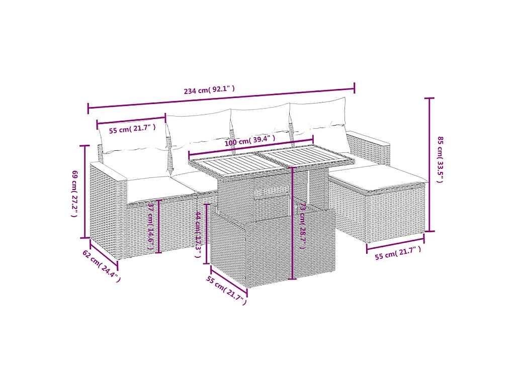 Set Divano da Giardino 6 pz con Cuscini Beige in Polyrattan
