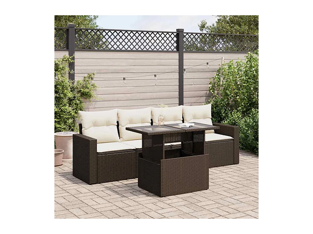 5-tlg. Garten-Sofagarnitur mit Kissen Braun Poly Rattan