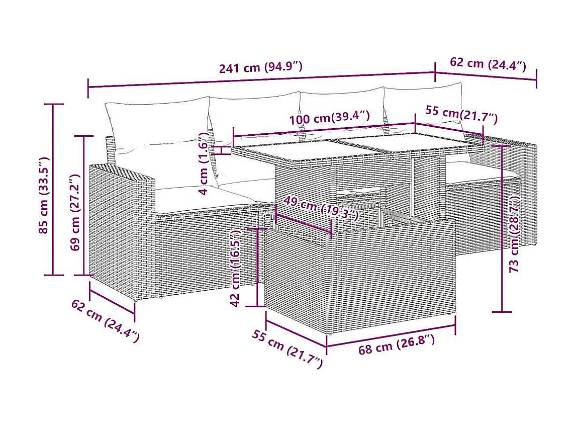 Set comedor de jardín 5 piezas y cojines ratán sintético marrón