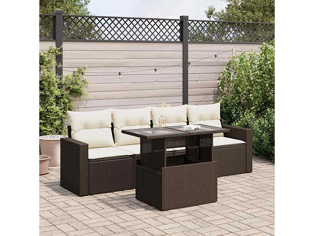 5-tlg. Garten-Sofagarnitur mit Kissen Braun Poly Rattan