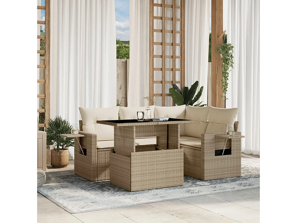 Salon de jardin avec coussins 5 pcs beige résine tressée