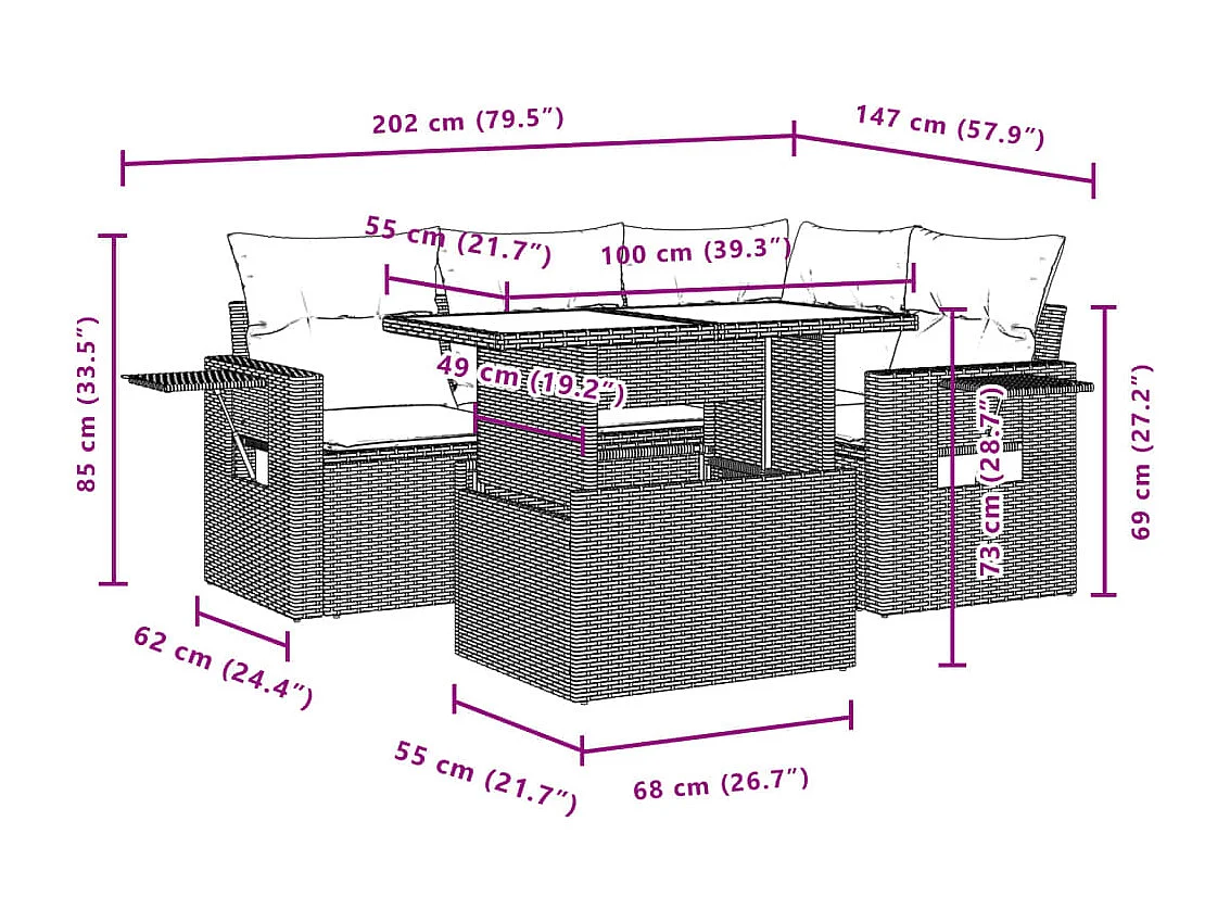 Salon de jardin avec coussins 5 pcs beige résine tressée