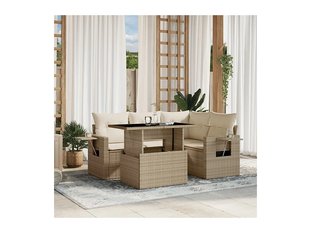 5-delige Loungeset met kussens poly rattan beige