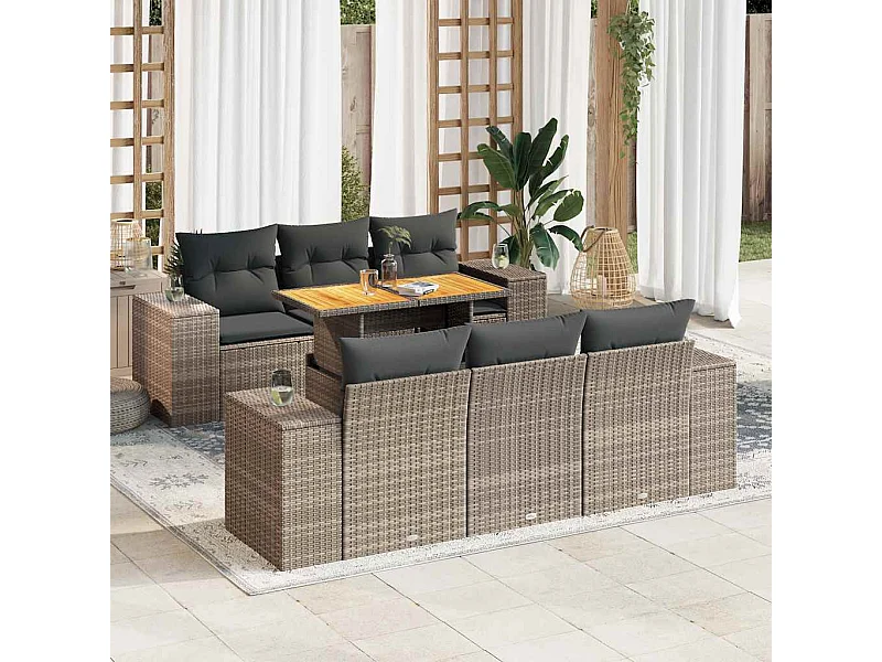 Salon de jardin avec coussins 7 pcs gris résine tressée