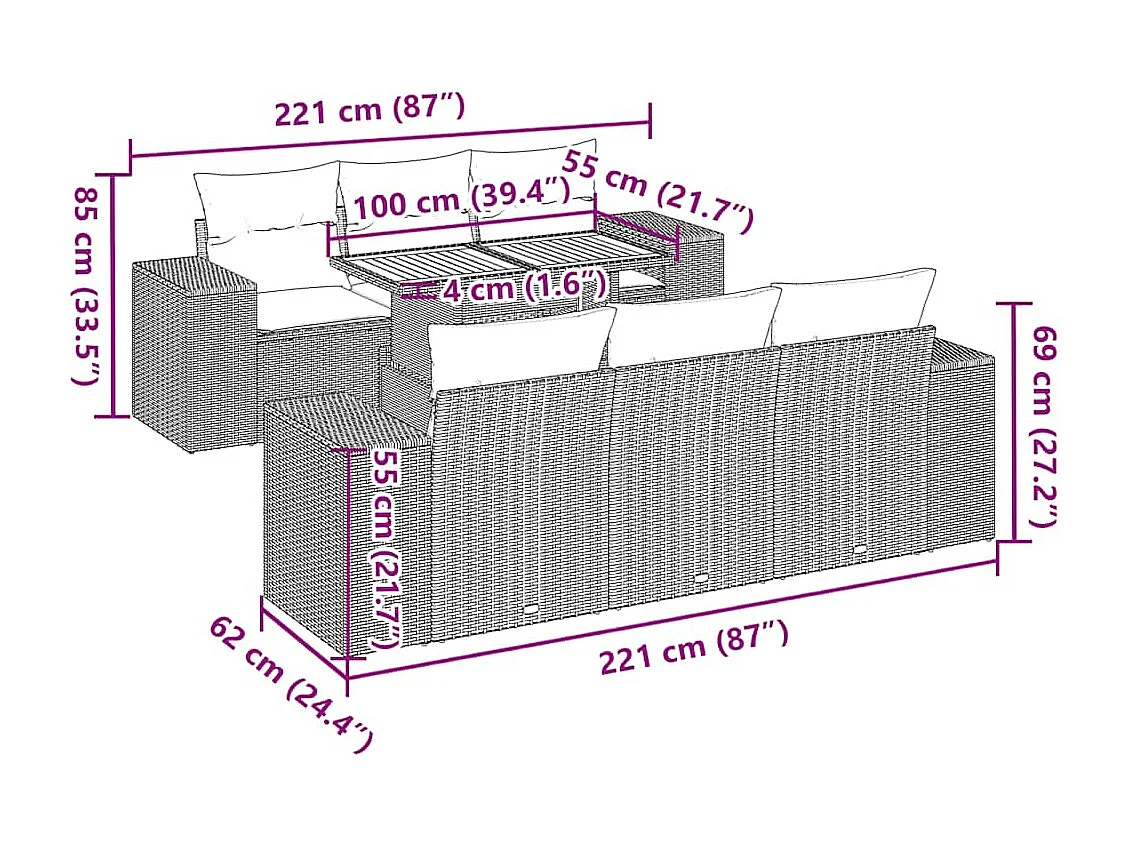 7-delige Loungeset met kussens poly rattan grijs