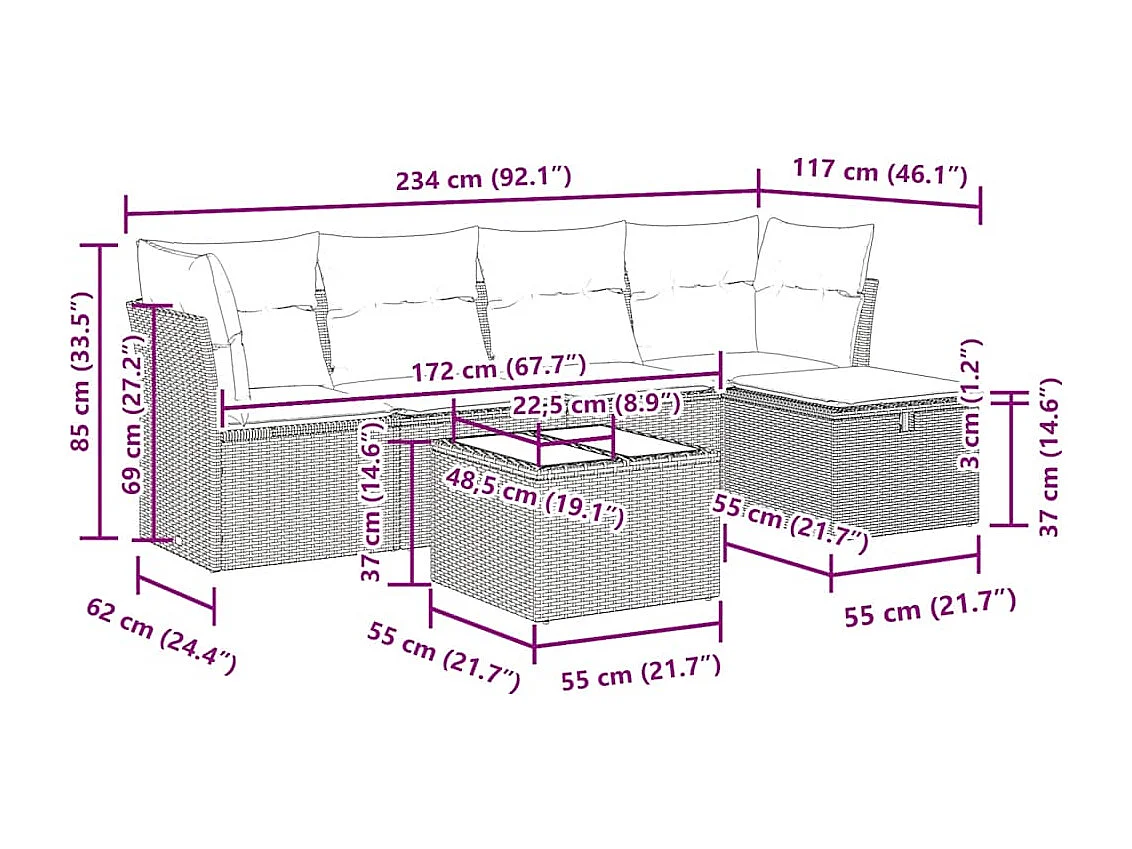 6-tlg. Garten-Sofagarnitur mit Kissen Hellgrau Poly Rattan