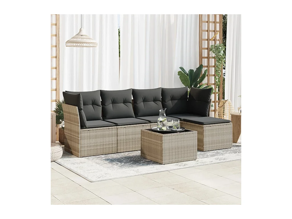 Salon de jardin 6 pcs avec coussins gris clair résine tressée