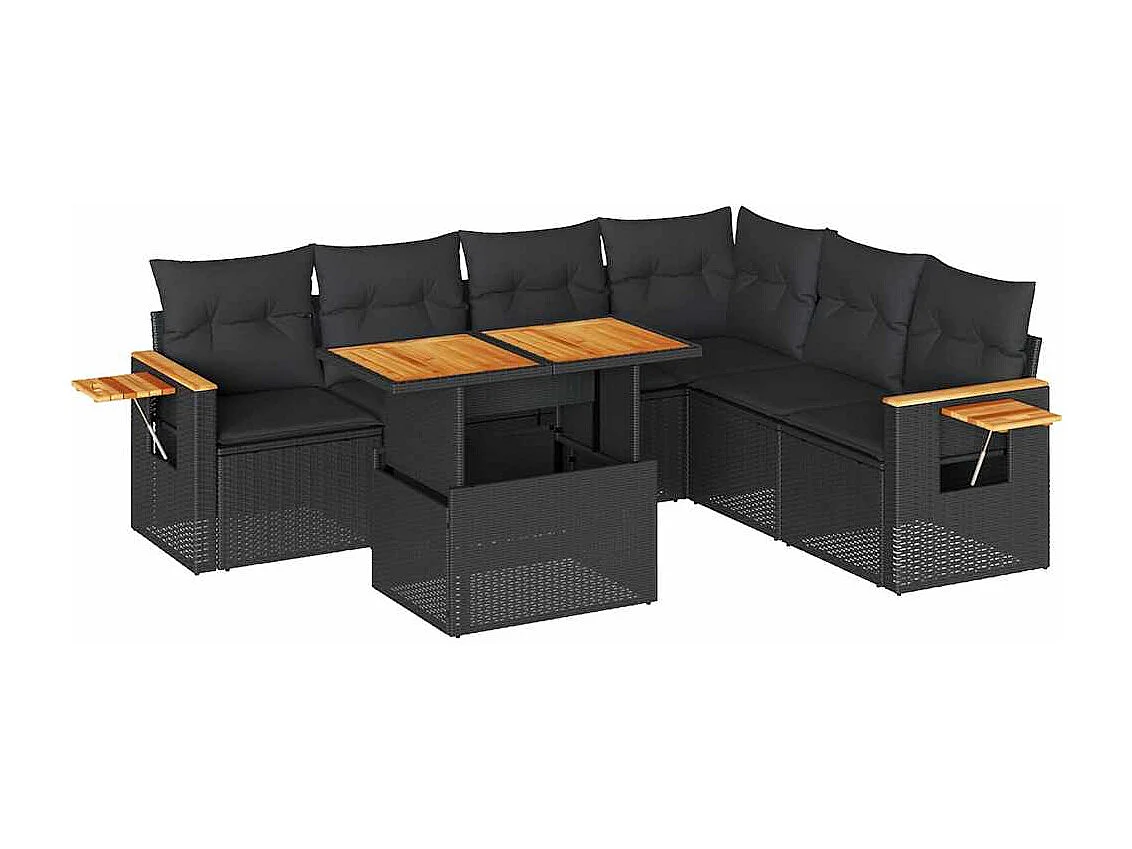 Salon de jardin avec coussins 7 pcs noir résine tressée acacia