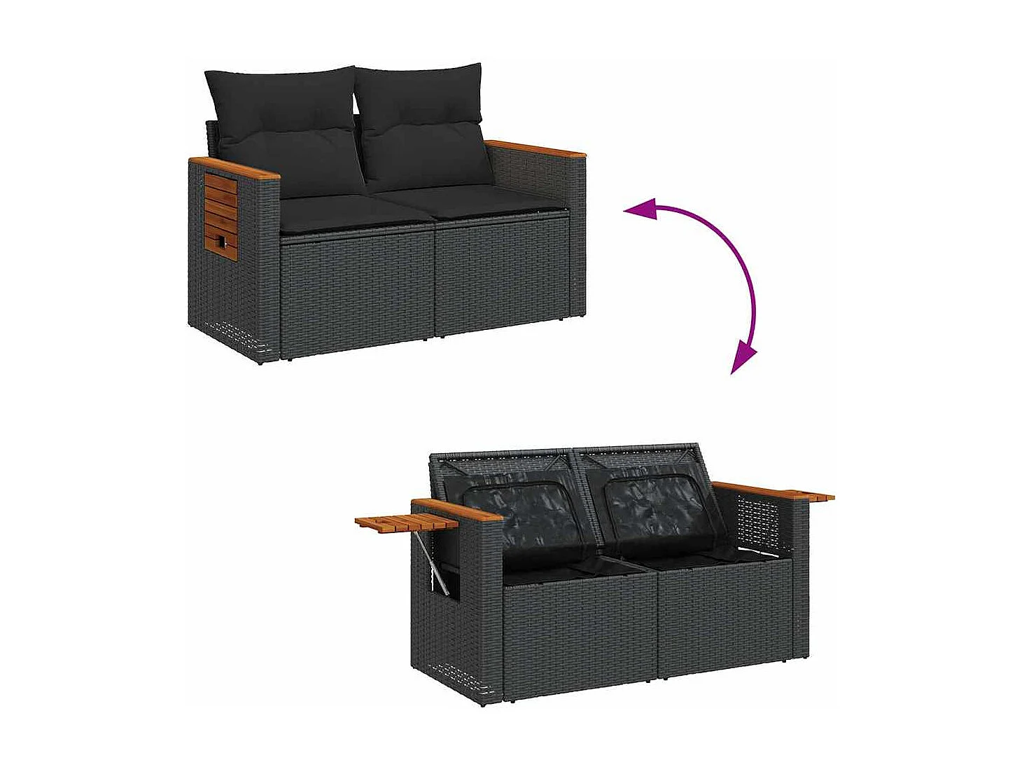 Salon de jardin avec coussins 7 pcs noir résine tressée acacia