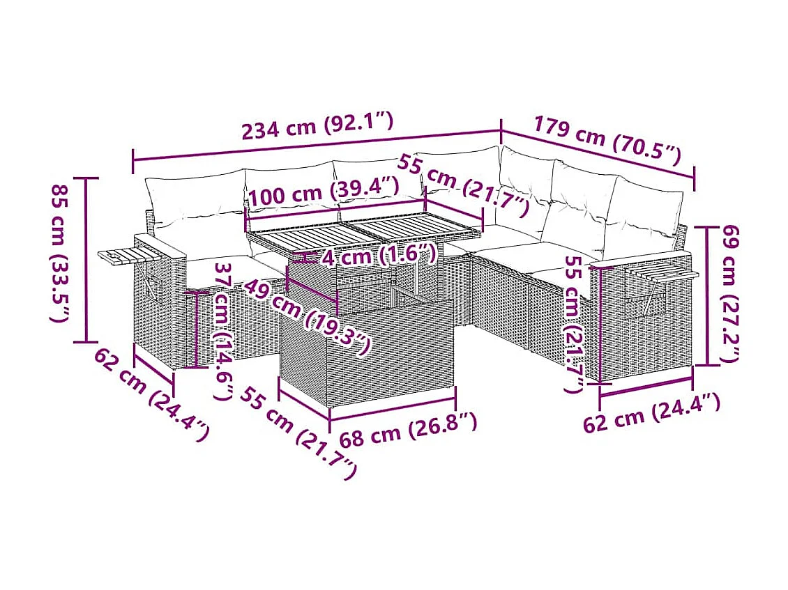 7 pcs conjunto sofás jardim c/ almofadões vime PE/acácia preto