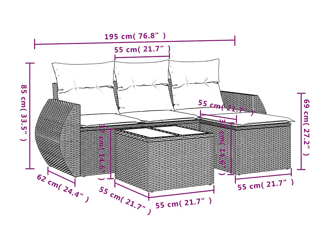 Set comedor de jardín 5 piezas y cojines ratán sintético marrón