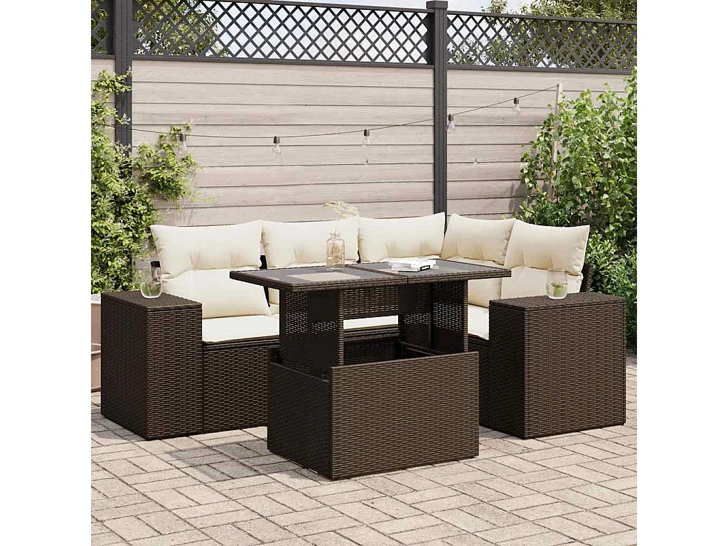 5-tlg. Garten-Sofagarnitur mit Kissen Braun Poly Rattan