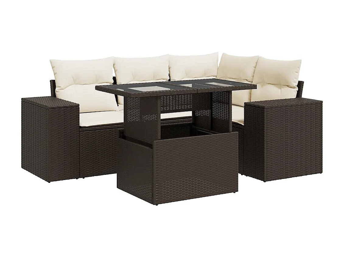 5-tlg. Garten-Sofagarnitur mit Kissen Braun Poly Rattan