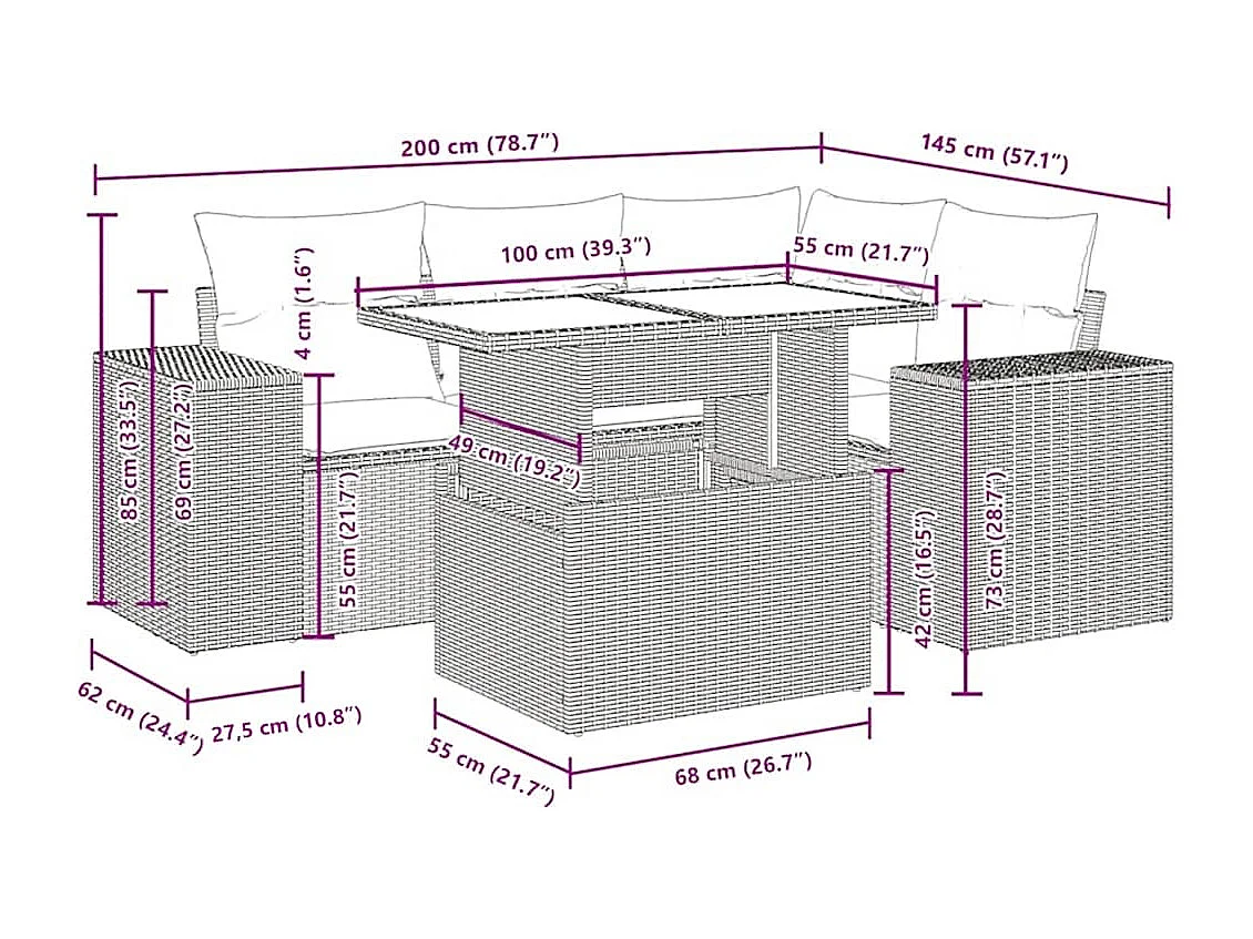 Salon de jardin avec coussins 5 pcs marron résine tressée