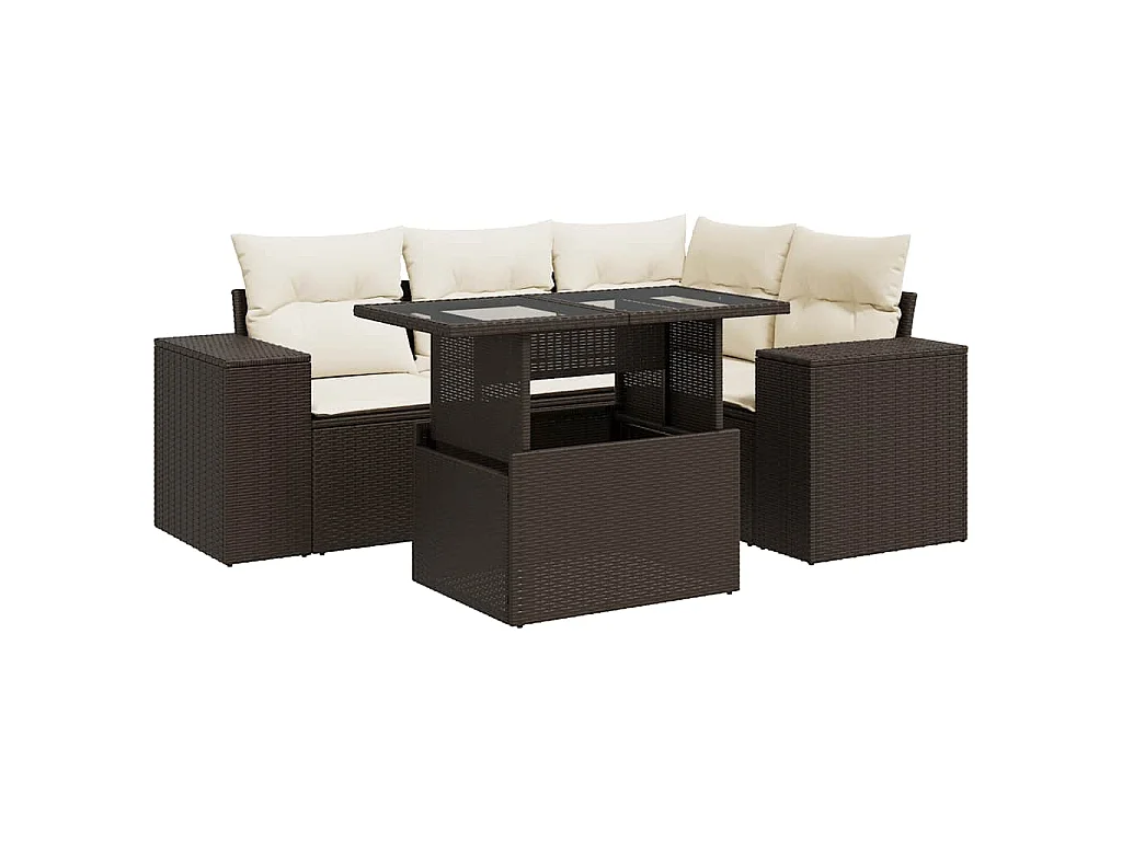 5-tlg. Garten-Sofagarnitur mit Kissen Braun Poly Rattan