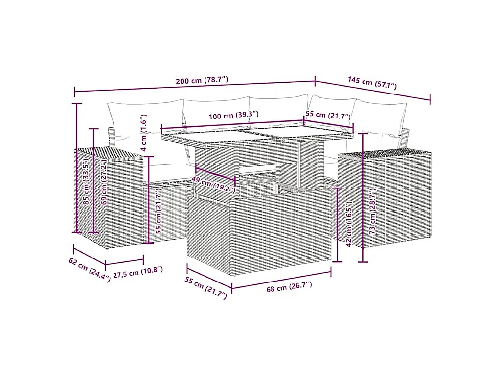 5-tlg. Garten-Sofagarnitur mit Kissen Braun Poly Rattan