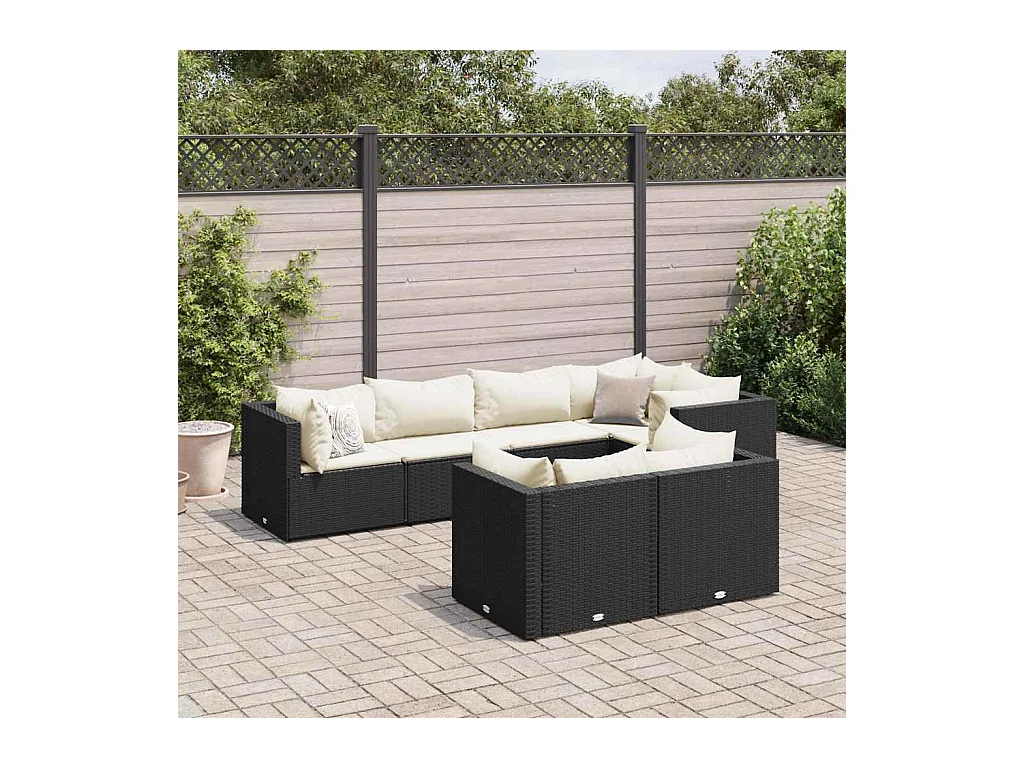 Salon de jardin 7 pcs avec coussins Noir Résine tressée