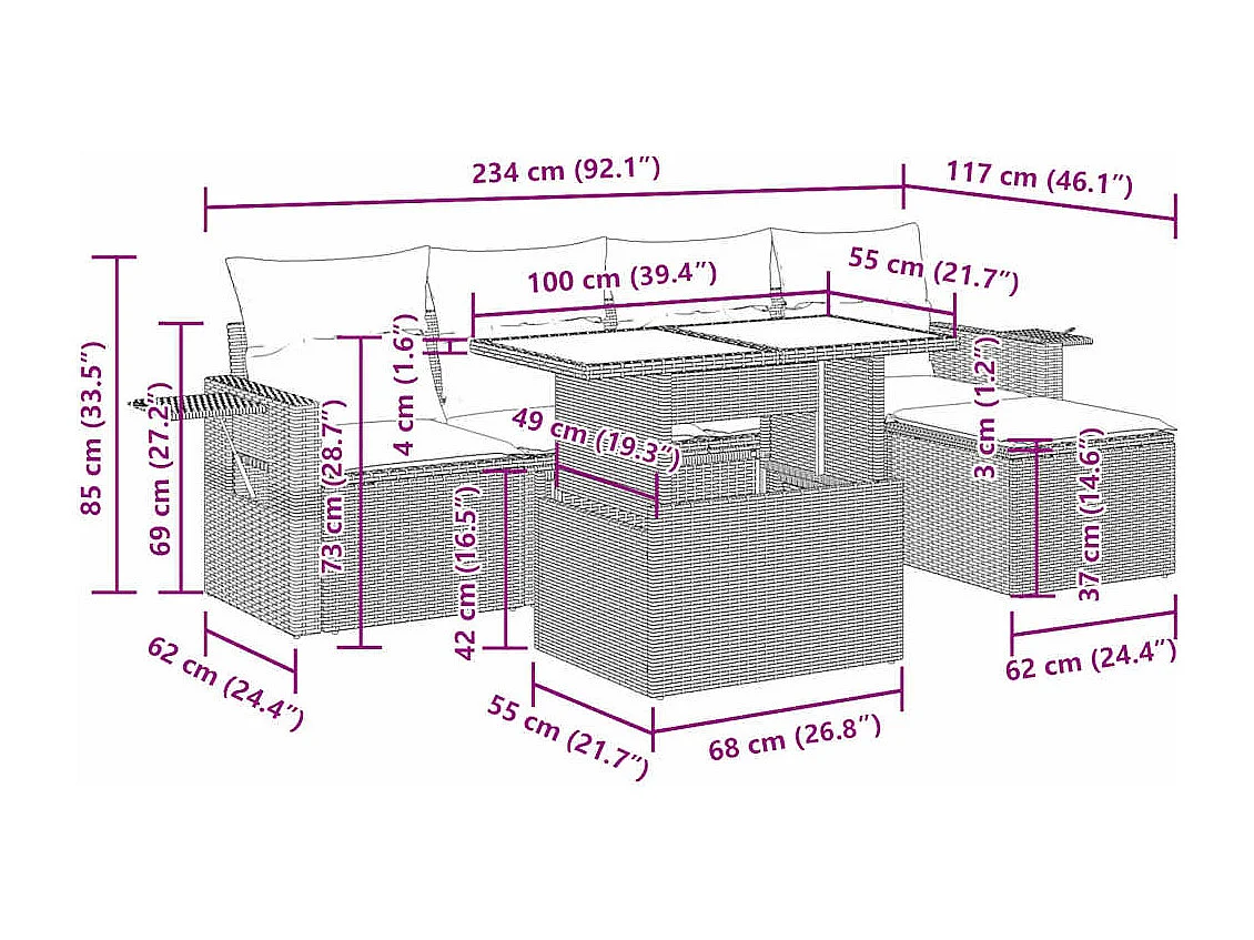 6-tlg. Garten-Sofagarnitur mit Kissen Beige Poly Rattan
