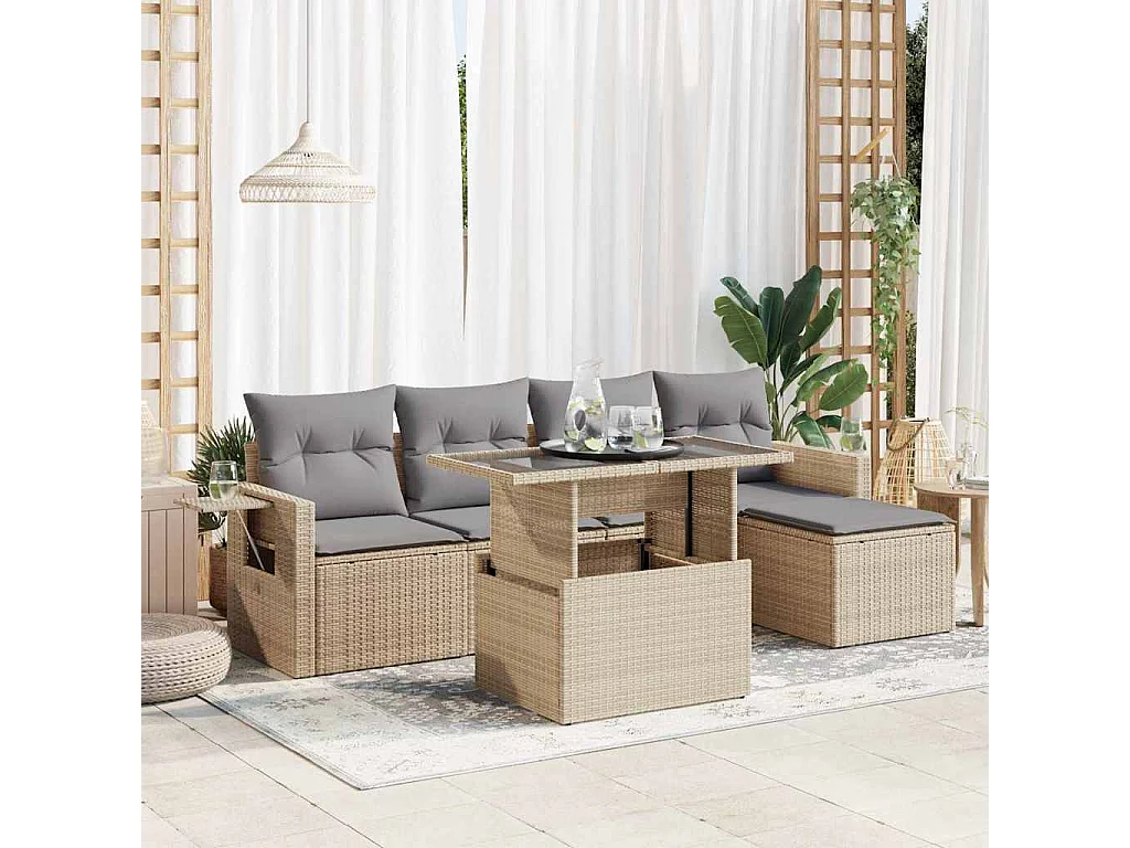Set Divano da Giardino 6 pz con Cuscini Beige in Polyrattan